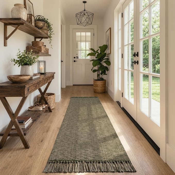 Collive Moss Green Kitchen Runner Rug, Modern Farmhouse Hallway Runner Rug Boho Washable Bathroom Rugs, 2.6' x 8' Braided Entry Hall Carpet for Laundry Bedroom Decor