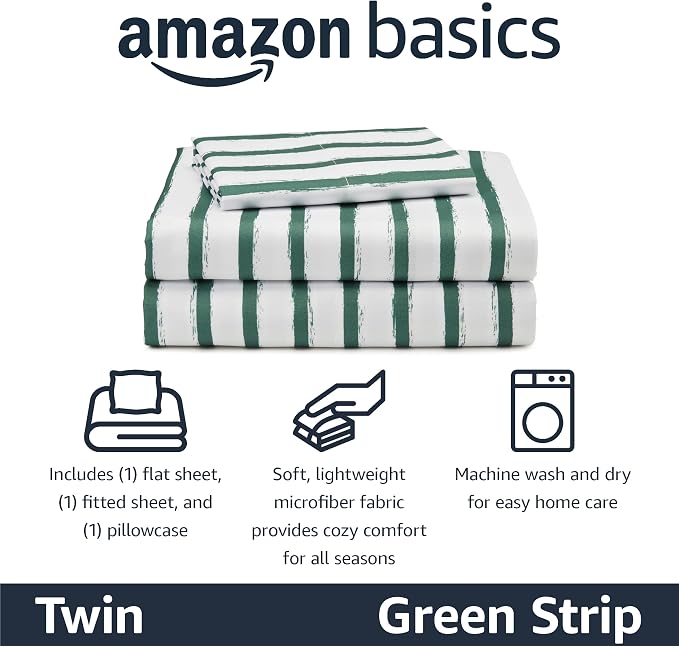 Amazon Basics Kid's Soft Easy-Wash Lightweight Microfiber 3-Piece Sheet Set with 1 Standard Pillowcase, 1 Flat Sheet, 1 Fitted Sheet, Twin, Green Stripes