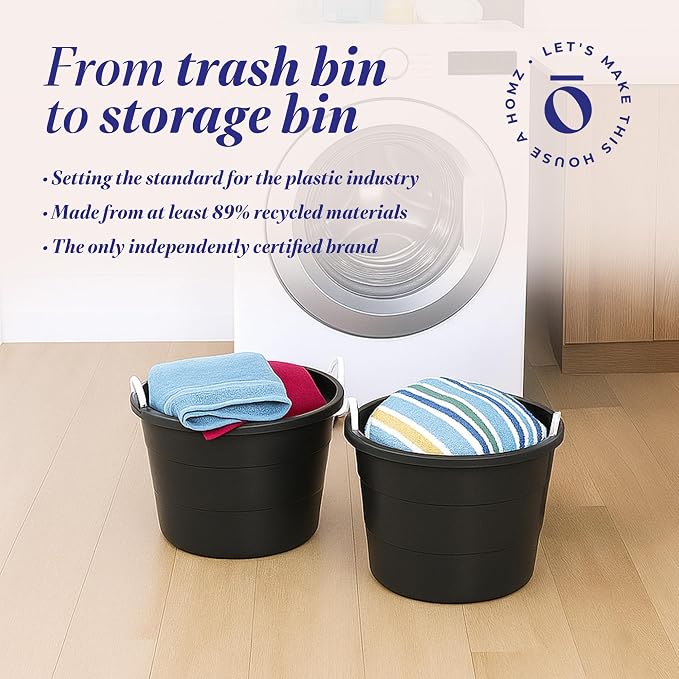 Homz 2 Pack of 17 Gallon Storage Buckets, Durable Plastic Containers, Sturdy Rope Handles, Large Tubs for Sports Equipment, Party Cooler, Gardening, Toys and Laundry, Black