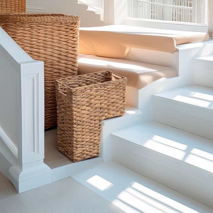 YAHUAN Stair Basket with Handles, Woven Water Hyacinth Stair Baskets for Carpeted Stairs, Stair Storage Basket Staircase Basket for Wooden Stairs (Water Hyacinth)