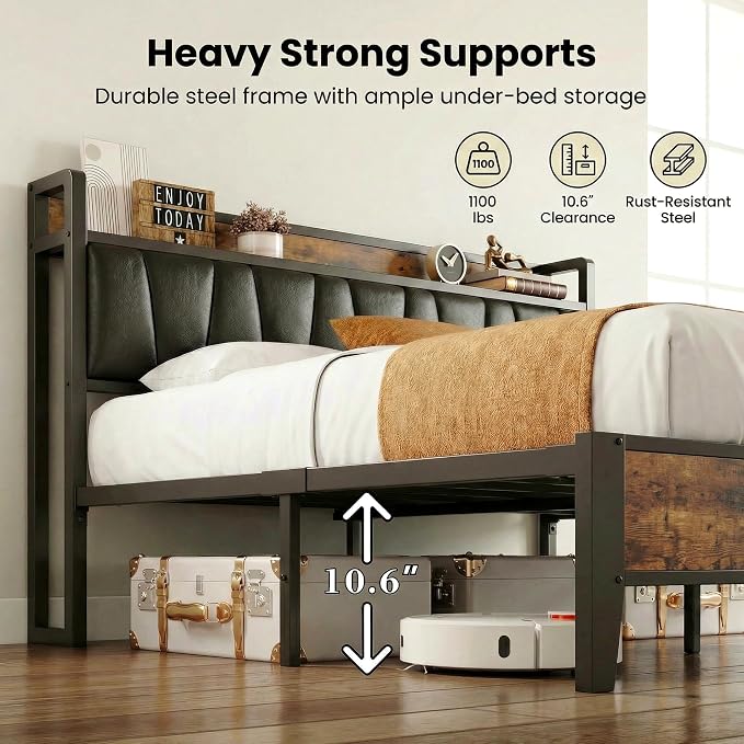 LIKIMIO California King Bed Frame, Storage Headboard with Charging Station, Solid and Stable, Noise Free, No Box Spring Needed, Easy Assembly (Vintage and Black)