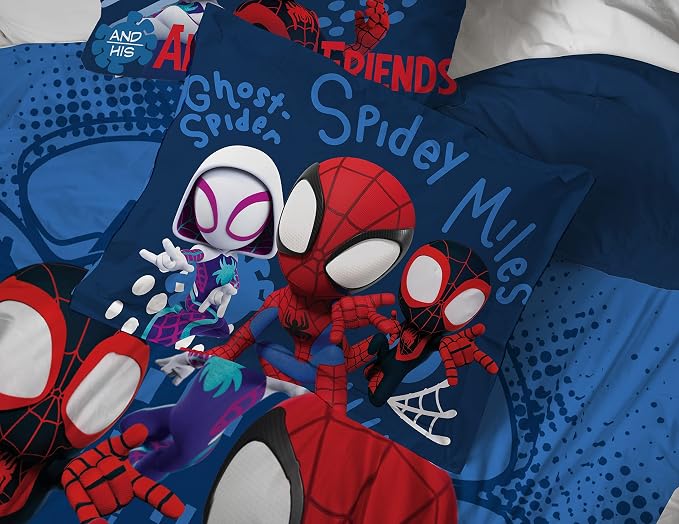 Marvel Spidey and Friends Full Size Comforter Set 7 Piece Bedding, Blue | Ghost-Spider, Bed in a Bag, Comforter Sheets Shams Pillowcases, Official Brand, Soft Microfiber, Machine Washable, Kids Gift