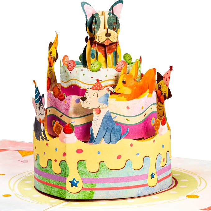 Paper Love Birthday Pop Up Cards 2 Pack - Includes 1 Dogs Birthday Cake and 1 Birthday Hedgehog, For Adults or Kids -8" x 6" Cover - Includes Envelope and Note Tag