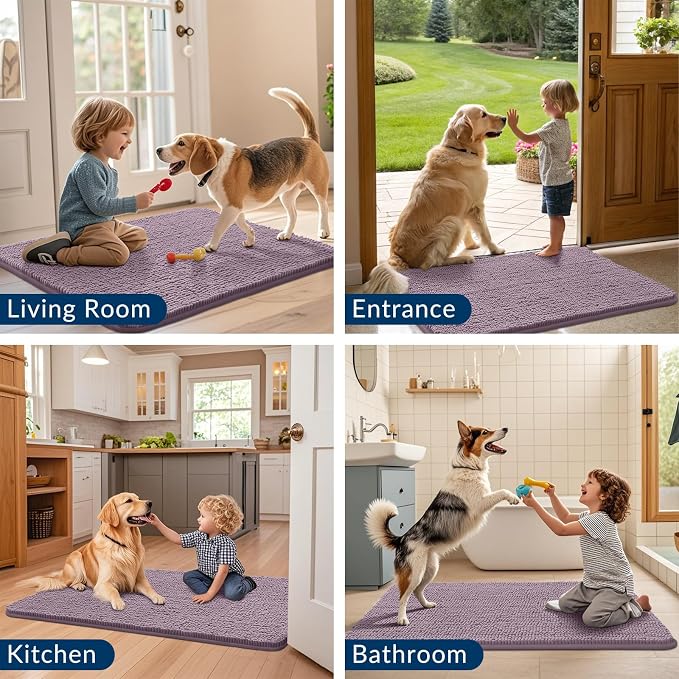 Smiry Dog Door Mat for Muddy Paws 59x24, Absorbent Dirt Trapper, Non-Slip Washable Chenille Entryway Rug for Inside Floor, Deep Plum, Classic Solid