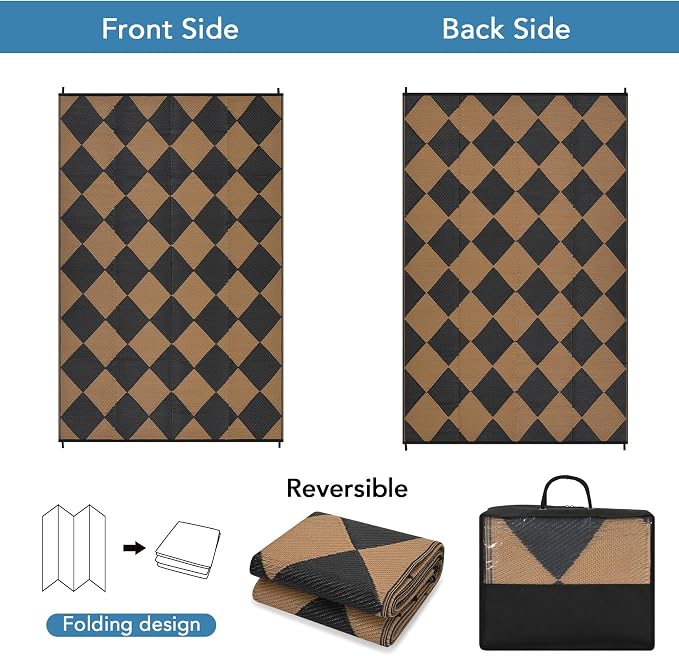 GarveeLife 8x10 Outdoor Rug for Patio Reversible, Plastic Straw Rug Waterproof Camping Rug Portable, Foldable Lightweight Mat for RV, Patio, Backyard, Deck, Picnic, Beach (Black/Brown)