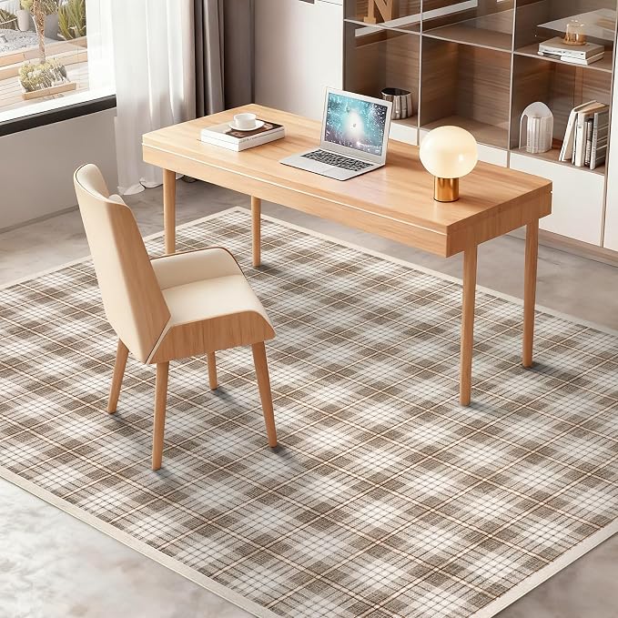 GarveeHome Checkered Area Rugs 5x7 for Living Room, Machine Washable Non Slip Backing Rug, Stain Resistant Low-Pile Indoor Outdoor Carpet for Bedroom Dining Room Office Nursery Beige