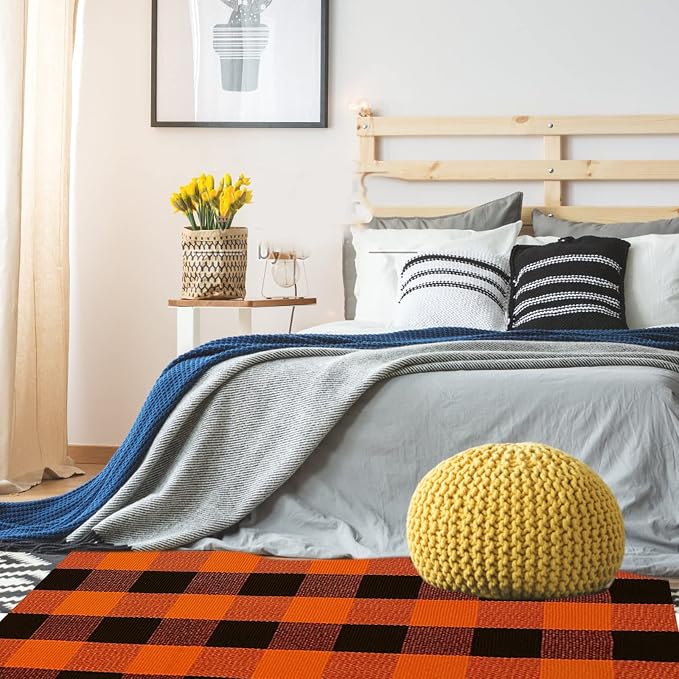 SEEKSEE Buffalo Plaid Outdoor Rug 3' x 5' Orange and Black Front Door Mat, Layering Rug for Porch, Halloween Doormat, Front Porch Rug for Outdoor Entrance Entryway Patio Porch Decor