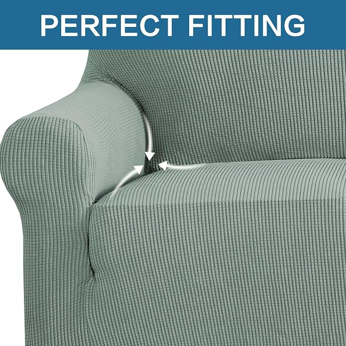 H.VERSAILTEX Stretch Couch Covers for Sofa 1 Piece Slipcovers for Couches and Sofas 3 Seater Couch Cover Feature Thick Checked Jacquard Fabric with Elastic Bottom(Large Sofa 90"-100" Wide, Sage)