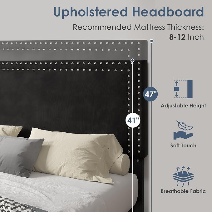 VECELO Twin Size Platform Bed Frame with Height Adjustable Upholstered Headboard, Modern Mattress Foundation,Strong Wood Slat Support, No Box Spring Needed, Easy Assembly,Black