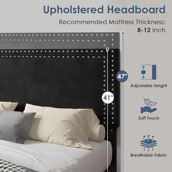 VECELO Full Size Platform Bed Frame with Height Adjustable Upholstered Headboard, Modern Mattress Foundation,Strong Wood Slat Support, No Box Spring Needed, Easy Assembly,Black