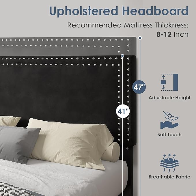 VECELO King Size Upholstered Bed Frame with 4 Storage Drawers, Adjustable Velvet Rivet Decor Headboard, Wooden Slats Platform Support, No Box Spring Needed, Easy Assembly,Black