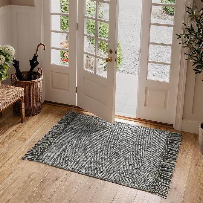 Collive 2' x 4.3' Indoor Outdoor Rug, Modern Farmhouse Kitchen Runner Rugs Hand-Woven Bathroom Rugs, Boho Washable Entry Carpet Grey Reversible Front Door Mats for Laundry Bedroom Porch Decor