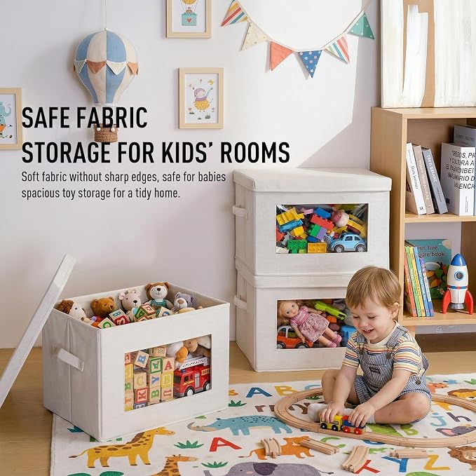 2-Pack Large Storage Bins with Lids & Clear Window, Foldable Fabric Closet Organizer Boxes, Stackable Cube Baskets with Soft Handles for Clothes & Blankets, 17”, Beige