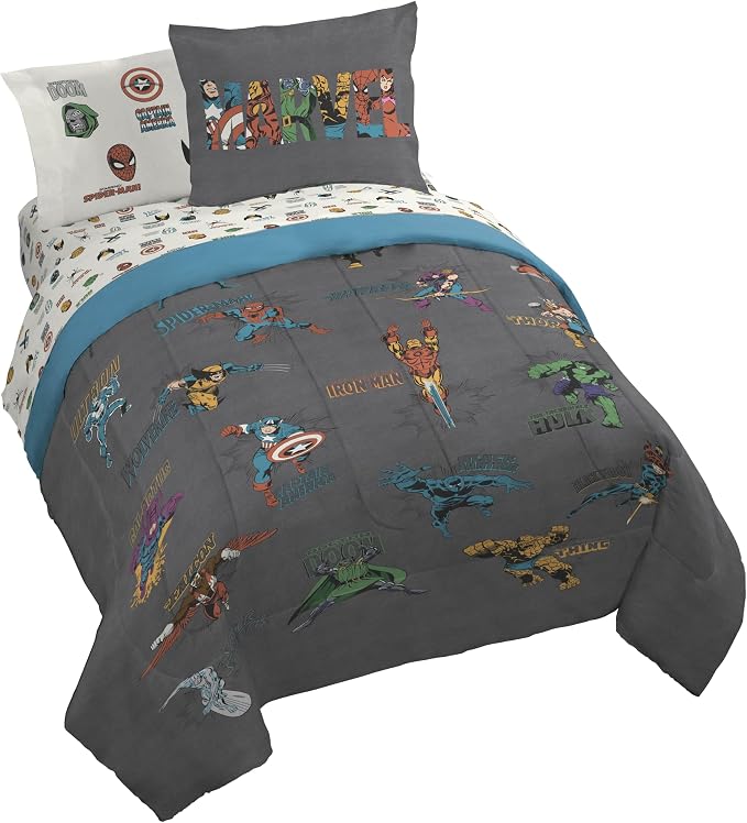 Marvel Comics Avengers Queen Comforter Set 7 Piece Soft Bedding, Gray | Hulk Captain America, Comforter Sheets Shams Pillowcases, Official Product, Microfiber, Machine Washable, Boys Gift