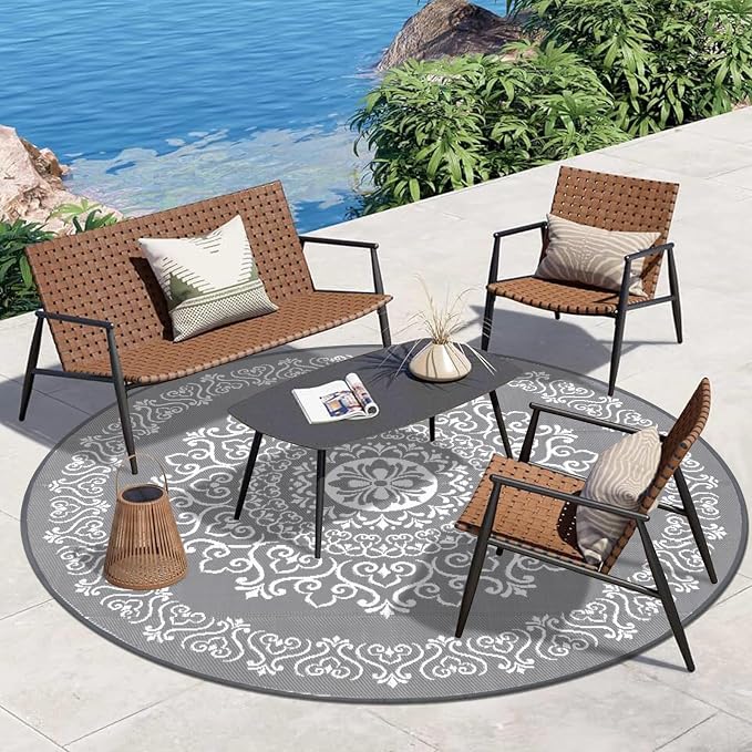 Pauwer Outdoor Rug 8ft, Waterproof Plastic Straw Camping Rug, Floral Grey | Reversible Patio Rug, UV Resistant Indoor Outdoor RV Mat Carpet For Deck, Camper, Porch, Balcony, Backyard, Picnic, Foldable