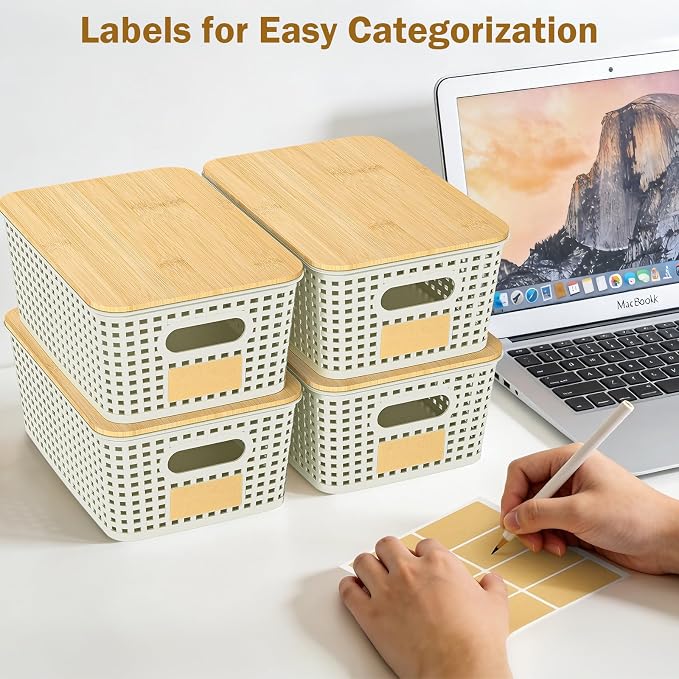 Stackable Storage Baskets: 8 Pack Plastic Baskets Bins, White | Decorative Baskets for Organizing, Pantry Decorative Containers for Closets, Cabinets, Shelves