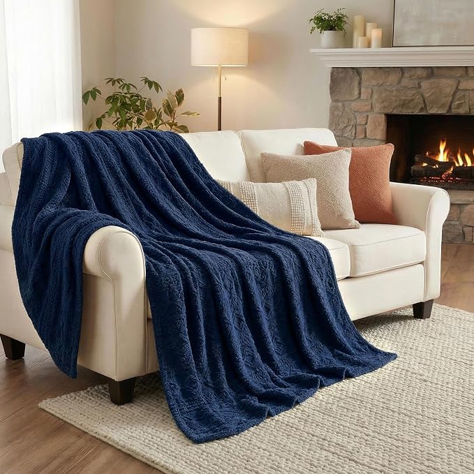 SUPERIOR Fleece Boho Jacquard Blanket, Decorative Blankets for Bedroom, Sofa, Plush, Fluffy, Soft, Cute Room Decor, Beautiful Cover, Comfort Essentials, Arctic Collection, Full/Queen, Navy Blue