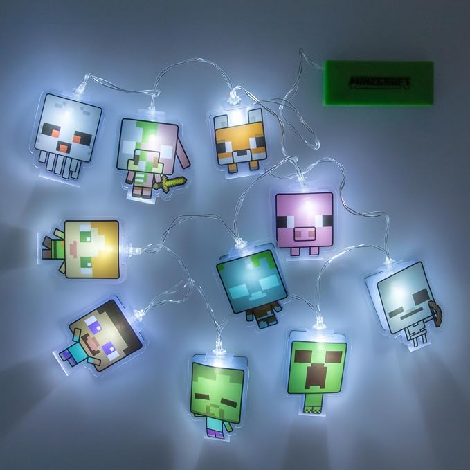 Paladone Minecraft String Lights with 10 LED Characters Including Creeper, Steve, Piglin and More, Officially Licensed Battery Powered Bedroom Décor for Boys, Girls, Teenagers, Kids, Gift for Gamers