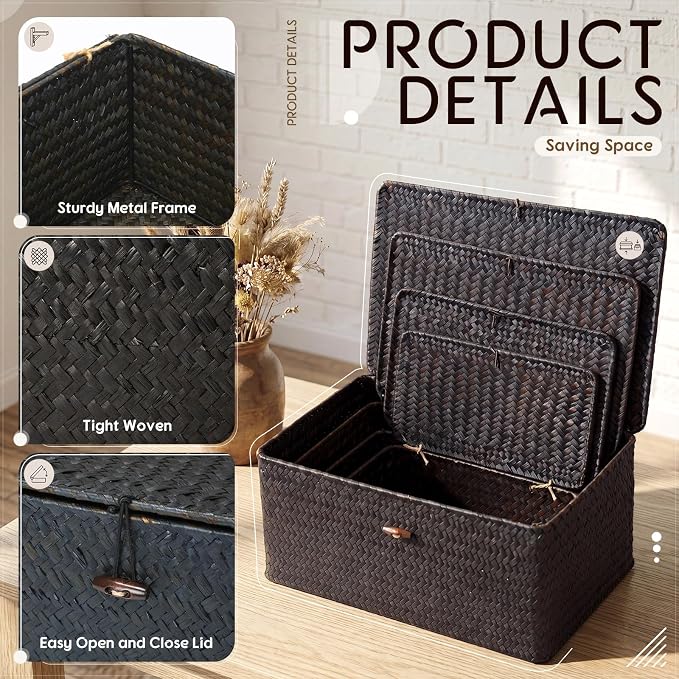 Woanger Set of 4 Wicker Baskets with Lids, Nautral Seagrass Storage Baskets, Woven Rectangular Basket Bins, Rattan Storage Organizer for Shelf Closet Bedroom(Black)