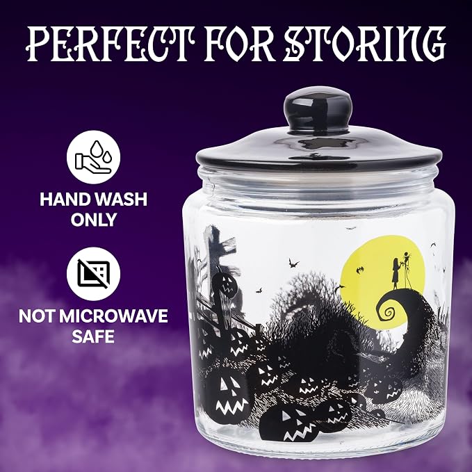 Silver Buffalo Disney The Nightmare Before Christmas, Glass Jar with Lid | Tim Burton, Moon Hill, Graveyard Scene, Jack Skellington and Sally, Cookie Snack Candy, Small Size