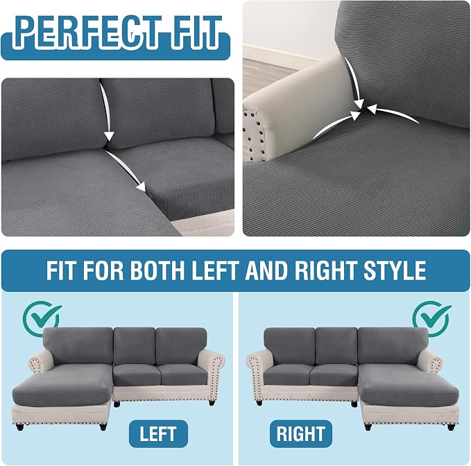 H.VERSAILTEX Sectional Couch Covers 6 Pieces Stretch Sofa Covers for Sectional Sofa Set Separate L Shaped Couch Cover for Both Left/Right Couch (Seat and Back: 1 Chaise + 2 Sofa, Grey)