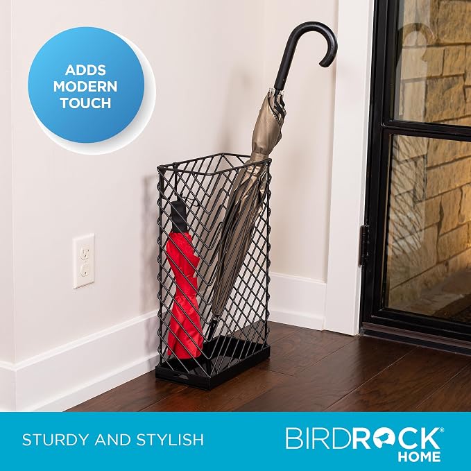 BIRDROCK HOME Decorative Umbrella Stand with Removable Water Tray - Large Metal Umbrella Rack and Cane Walking Stick Organizer for Entryway - Umbrella Holder for Indoor & Outdoor - Black, Diagonal