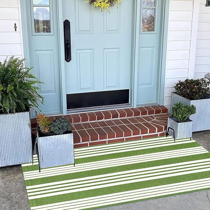Green and White Striped Outdoor Rug 24'' x 51'' Front Porch Rug Hand-Woven Machine Washable Layered Door Mats for Entryway/Bedroom/Outdoor