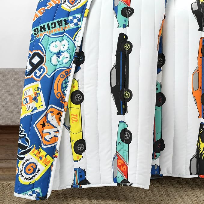 Lush Decor Race Car Kids' 2-Piece Quilt Bed Set, Reversible Bedding Set for Boys, White, Twin
