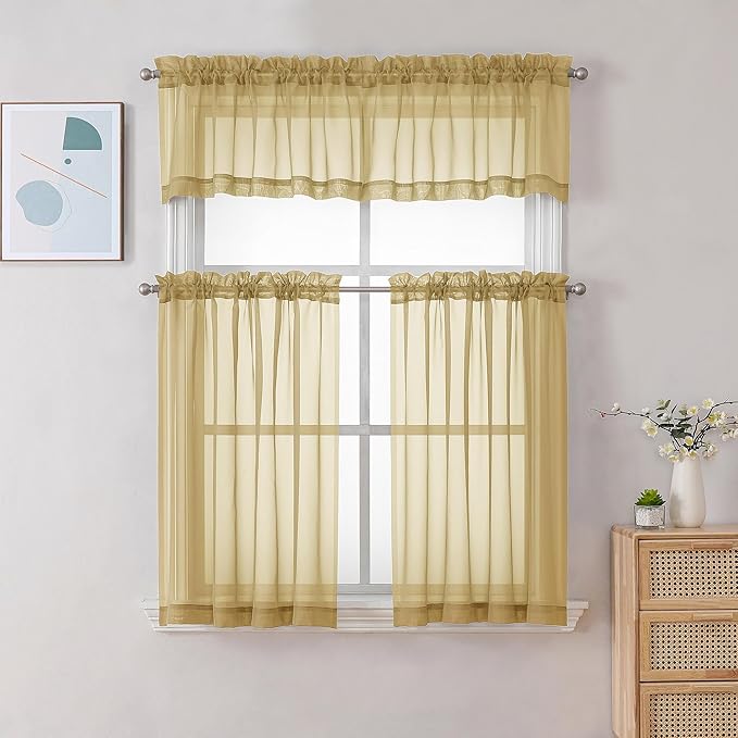 Gwine Gold Sheer Curtain Tiers 24 Inch Length, Light Filtering Voile Short - Image 2