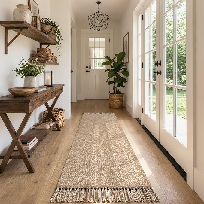 Collive Long Hallway Runner Rug 2.6' x 8', Washable Runner Indoor Entryway Rug, Tan Braided Woven Kitchen Runner Rugs Low-Profile Front Door Floor Carpet for Laundry Room Bedroom Doorway