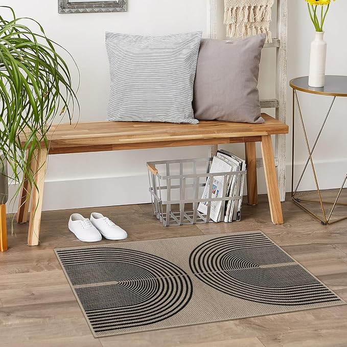 Rugalia Easy Jute Rainbow Entryway Rug, 2x3 Washable Non-Slip Indoor Outdoor Doormat, Black Nature Boho Farmhouse Small Kitchen Rug Modern Abstract Throw Rugs for Entrance Bedroom Bathroom