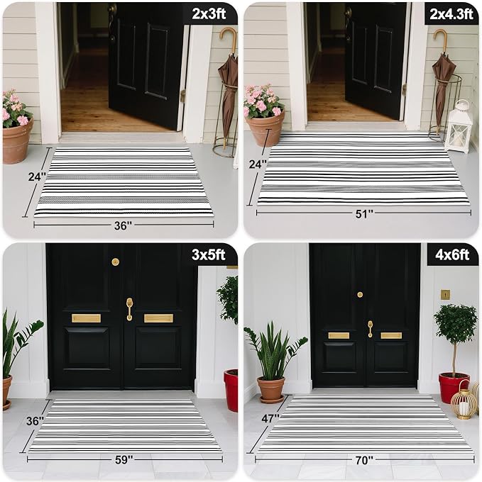 Black and White Striped Outdoor Rug, 2’ x 4.3’ Cotton Hand-Woven Reversible Front Porch Rug Washable Front Door Mat Entryway Rugs Welcome Layered Doormat Carpet for Patio Farmhouse Kitchen