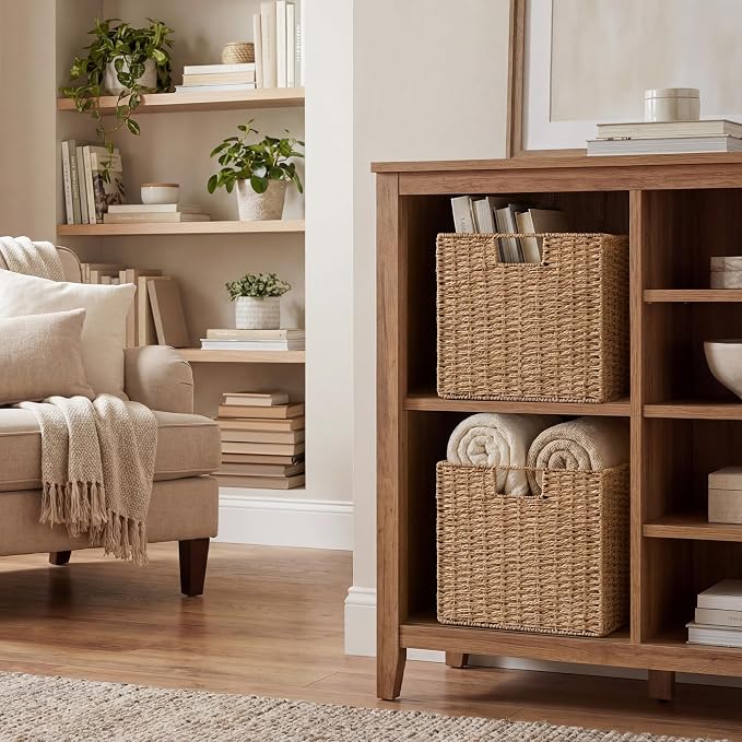 StorageWorks 13 inch Wicker Storage Baskets,Foldable Wicker Baskets,Natural | 2-Pack,Handwoven Organizer Baskets, Wicker Baskets for Organizing,Paper Rope Square Storage Cubes,Square Baskets,Woven Basket
