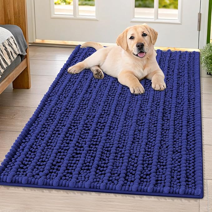 Smiry Dog Door Mat for Muddy Paws 40x32, Absorbent Dirt Trapper, Non-Slip Washable Chenille Entryway Rug for Inside Floor, Navy Blue, Layered Pattern