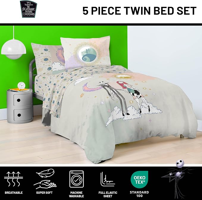 Disney Nightmare Before Christmas Twin Comforter Set 5 Piece, Multi | Jack Skellington Sally, Bed in a Bag, Comforter Sheets Sham Pillowcase, Soft Microfiber, Machine Washable, Girls Gift