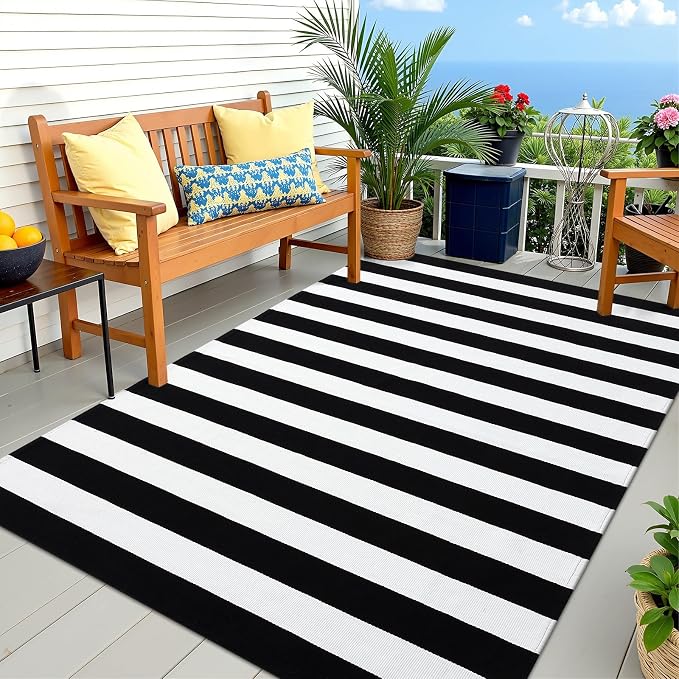 OLANLY Black and White Striped Rug 5' x 7' – Washable Cotton Indoor Outdoor Doormat for Front Door, Entryway, Kitchen, Porch, Patio Decor