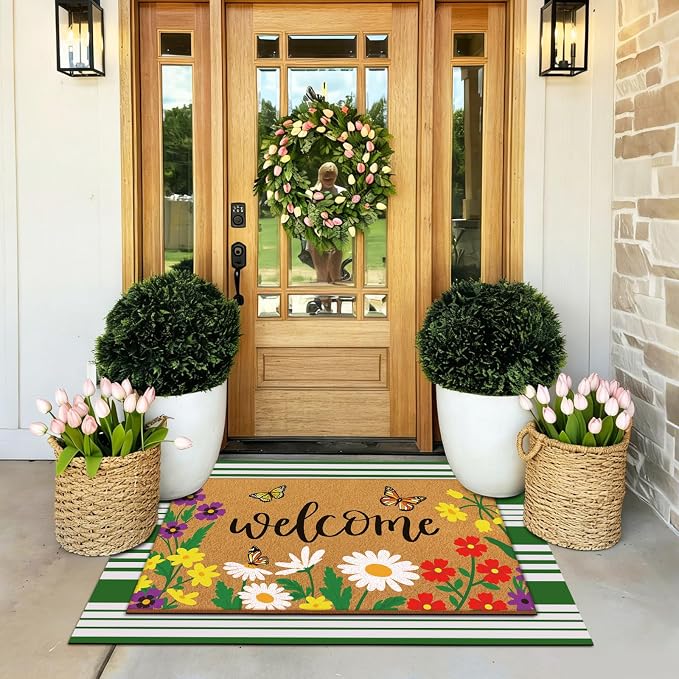 Tinideya 2 Pcs Door Mat Welcome Non Slip Coir Mats Floor Layering Doormats Seasonal for Front Porch Entryway Decor(Spring Flowers)