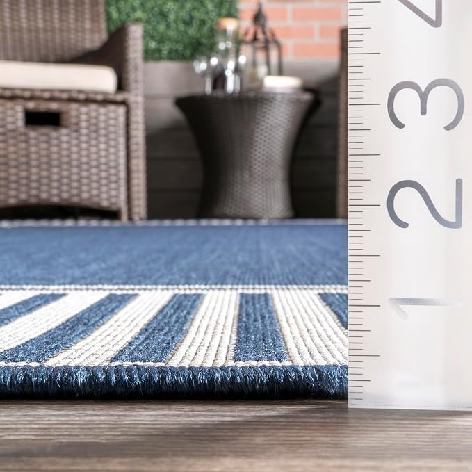 Nuloom Asha Navy/Ivory, 8' Round, Casual, Striped Border, Soft and Cozy, High Traffic, Easy Clean, Durable Area Rug for Indoor/Outdoor Patio, Deck, Porch, Garden, Courtyard