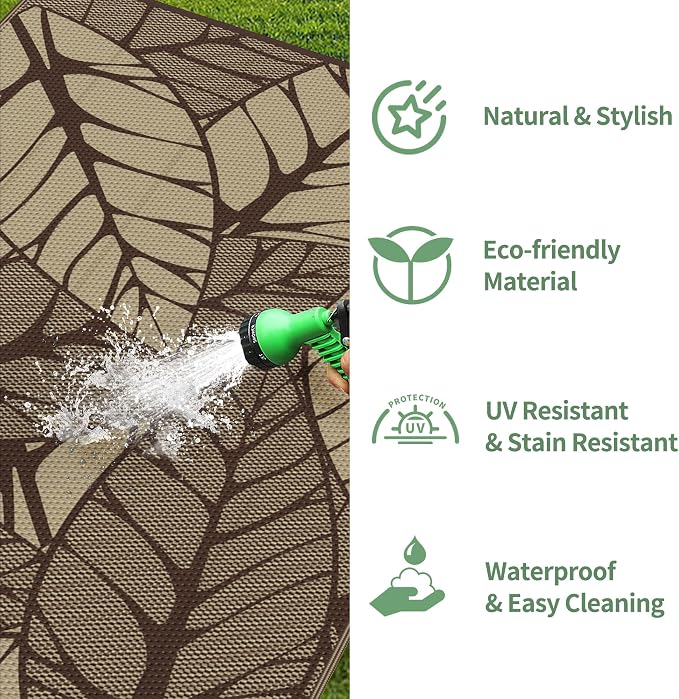 GENIMO Outdoor Rug, Waterproof Plastic Rugs for Patio, 6'x9' Coffee | Outside Larger Leaf Carpet Mat for Porch Decor, Deck, Balcony, Camping, RV, Backyard, Picnic, Beach, Reversible, Foldable