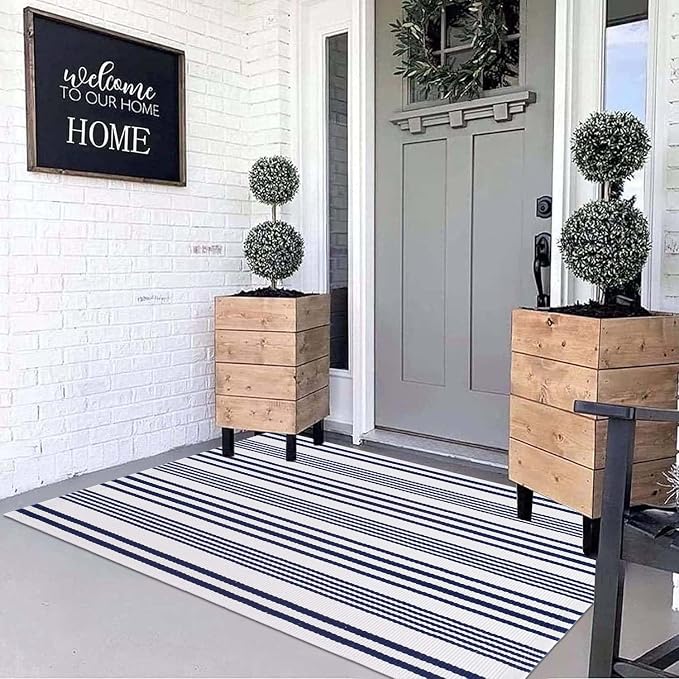 BUAGETUP Blue and White Outdoor Rug 3'x 5' Hand-Woven Cotton Washable Rug Striped Front Porch Rug Indoor/Outdoor Area Rug Floor Mat for Farmhouse/Layered Door Mats/Living Room