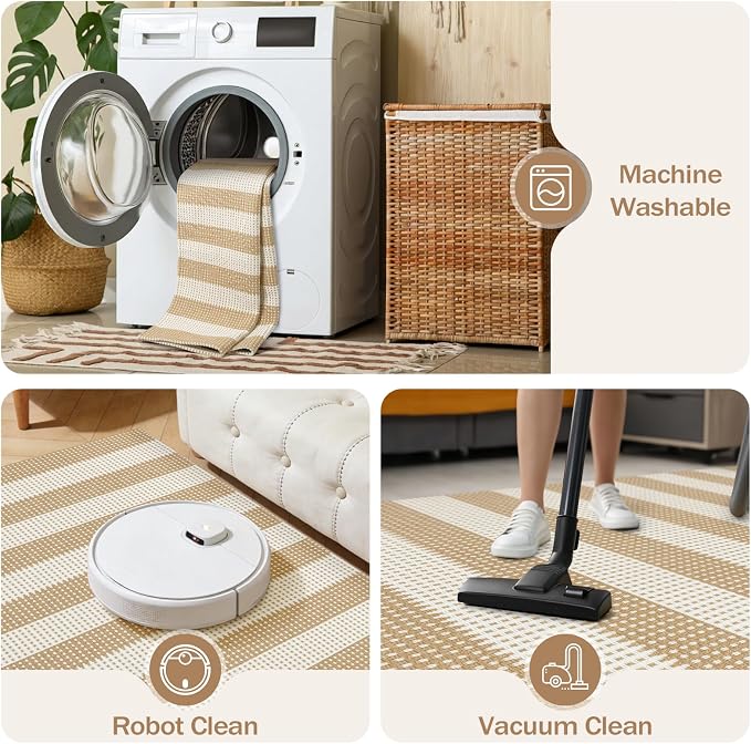 Rugalia Washable Woven Indoor Outdoor Doormat, 2x3 Natural Beige Cotton Striped Entryway Rug Low Pile Non-Slip Small Kitchen Rug, Modern Farmhouse Throw Carpet for Porch Bathroom Bedroom