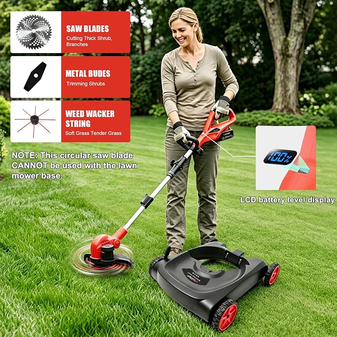 4-in-1 Cordless Lawn Mower, Weed Eater and Edger Combo, Adjustable Height & Angle, Electric String Trimmer with Wheels Grass Trimmer for Garden Yard (2x4.0Ah Battery & Charger Included)