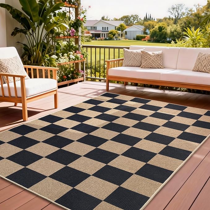 EDIMENS 3x5 Outdoor Rugs Checkered Easy Jute Front Door Mat Entryway Rug | Black Washable Non Slip Indoor Outdoor Rug Farmhouse Neutral Living Room Carpet for Backyard Porch Balcony Patio