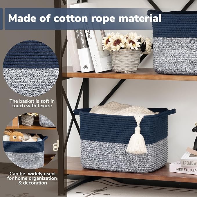 Goodpick Cotton Rope Storage Basket for Shelves, 13" x 10" x 9", Blue | Books, Toys & Towels Storage, Closet & Cube Organizer, Reinforced Handles, Decorative Home Organization