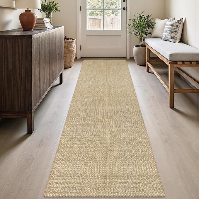 Rugalia Washable Woven Hallway Runner Rug, 2x8 Natural Beige Cotton Rug Runners for Entryway Non-Slip Long Kitchen Mat, Modern Neutral Indoor Outdoor Throw Runner Carpet for Porch Potio