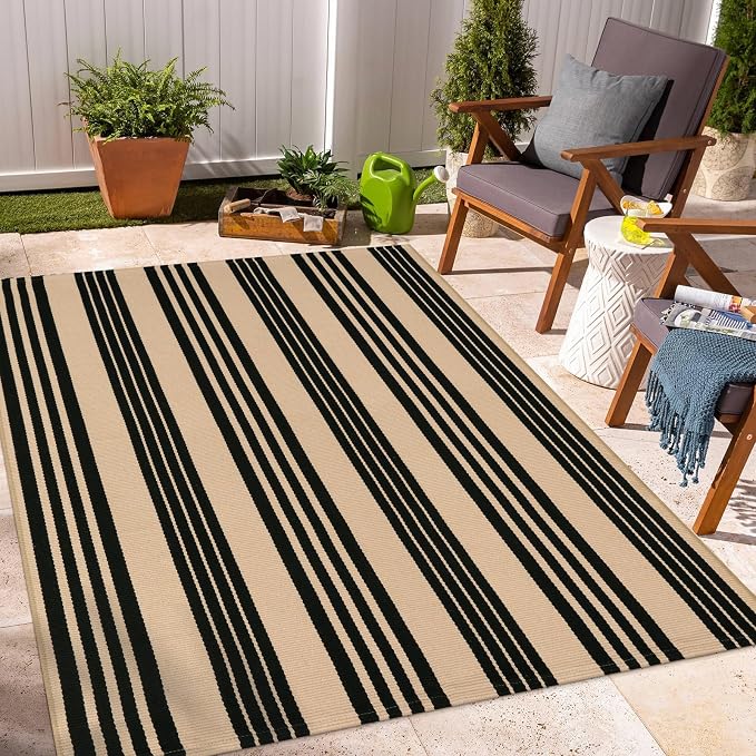 OJIA Outdoor Area Rugs 4'x6', Black and Tan Outdoor Patio Rug Porch Decor | Machine Washable Patio Rug Cotton Woven Entryway Rug Indoor Outdoor Rugs for Bedroom/Porch/Deck/Backyard/Camping/Living Room
