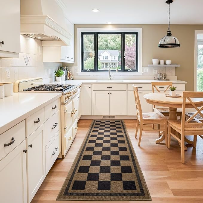 Patio Porch Balcony Runner Carpet Indoor Bedroom Kitchen Laundry Mat, Non Slip Plaid Farmhouse Carpets, Black and Brown
