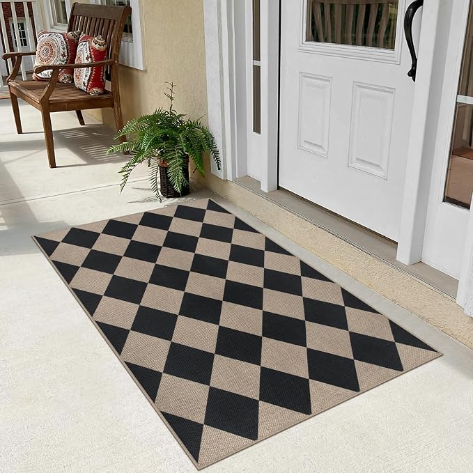 Rugalia Easy Jute Checkered Entryway Rug, 2.6x4 Black Modern Indoor Outdoor Doormat, Washable Non-Slip Neutral Kitchen Rug Farmhouse Diamond Throw Rugs for Entrance Bedroom Bathroom