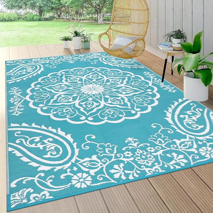 Pauwer Outdoor Rug 5x8, Waterproof Plastic Straw Camping Rug, Boho Teal | Reversible Patio Rug, UV Resistant Indoor Outdoor RV Mat Carpet For Deck, Camper, Porch, Balcony, Backyard, Picnic, Foldable
