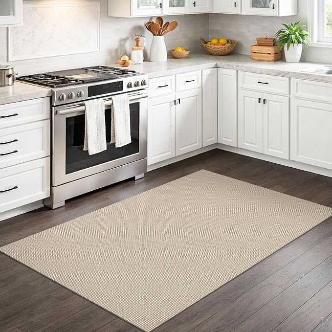 IOHOUZE Washable Area Rug 3x5 Non Slip Rubber Backed Woven Rugs for Entryway Rugs Indoor Outdoor Doormat Throw Rug Floor Carpet for Entrance Kitchen Front Door, Cream/Beige